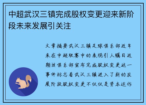 中超武汉三镇完成股权变更迎来新阶段未来发展引关注